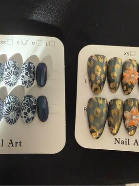 Handmade Press-On Nails Set - Leopard Gold & Floral blue sparkle